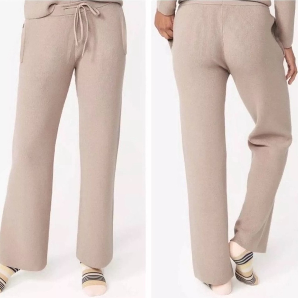 Figs Women Tan Ribbed Knit Wide Leg Lounge Wear Pants